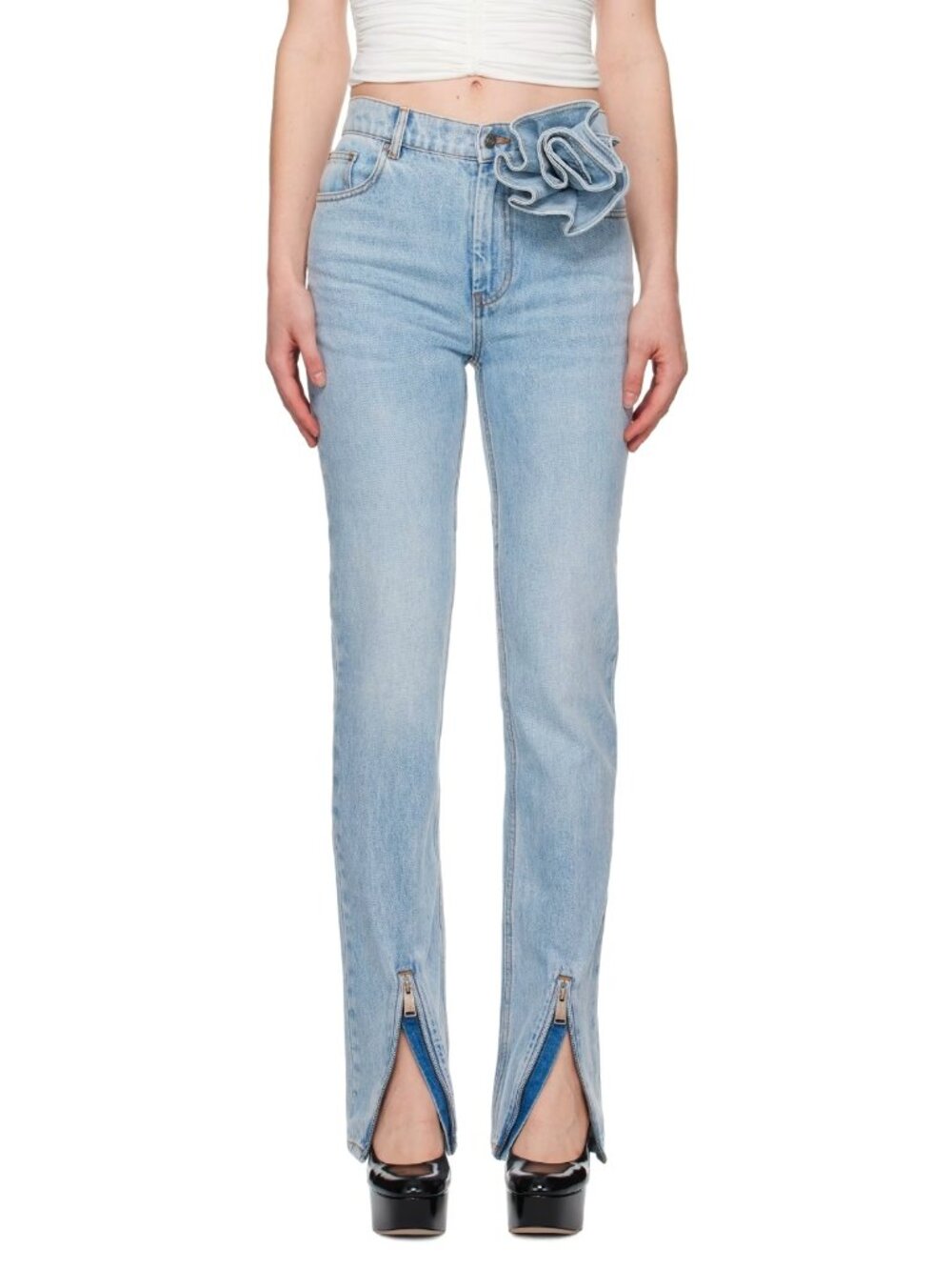 AREA blue flower corsage ankle zip jeans
